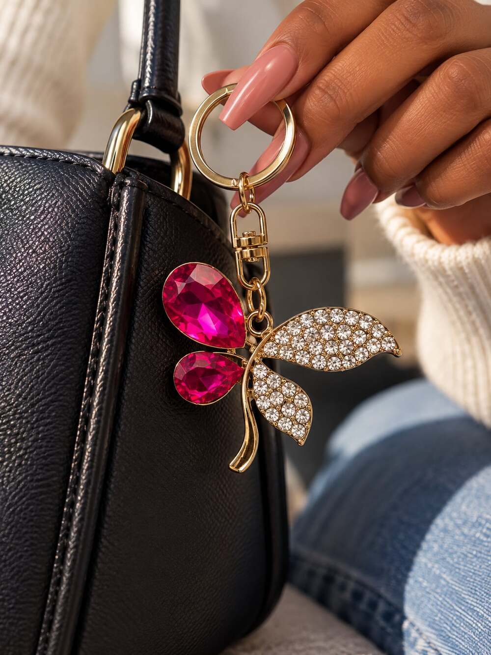 Pink Crystal Leaf Keychain Gold Rhinestone Bag Charm Statement Accessory